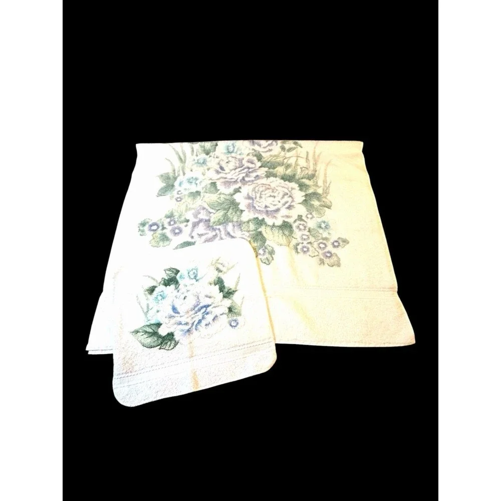 Vtg JC Penney 2pc Bath Towel & Wash Cloth Set Blue & Lavender Roses Butterfly
